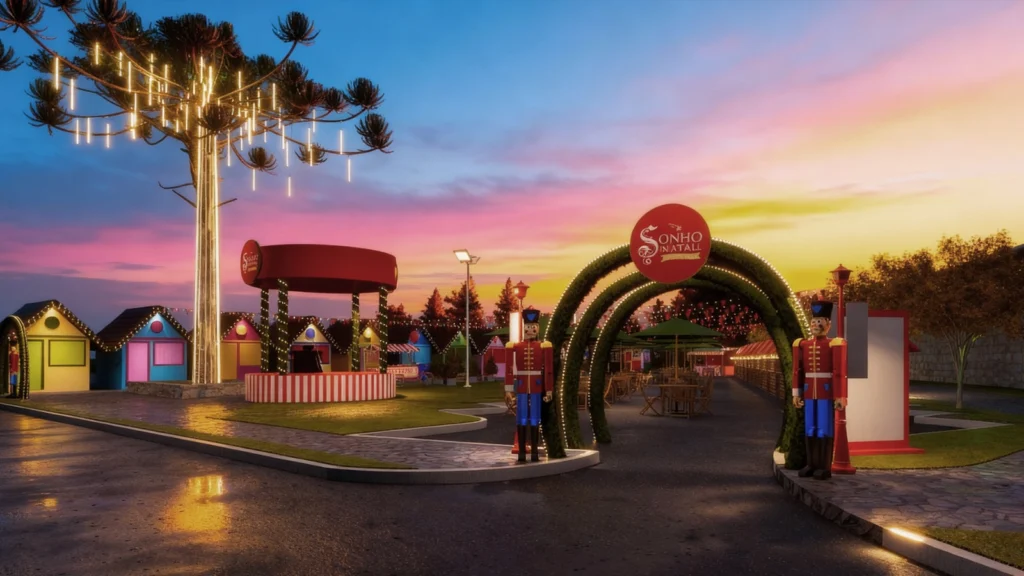 Imagem estilo maquete que mostra a Aldeia do Sonho, onde terá um pórtico em forma de arco com dois soldados de chumbo em escala 1:1 e ao fundo a aldeia com as casinhas dos artesãos, cadeiras com mesas e guarda-sóis para os visitantes sentarem.